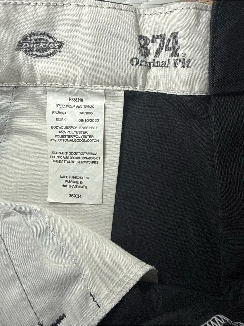 Dickies 874 Original Fit Workwear Pants Black 36x34 Twill Cotton/Poly 874BK